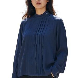 CHRISTA 100% Silk Elegant Navy Women's Blouse Sz 8 Preppy Formal Business Casual